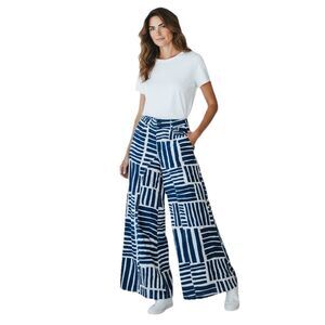 A Shirt Thing Wide Leg Trousers Pants Women's Sz Small Cotton Blue White Printed